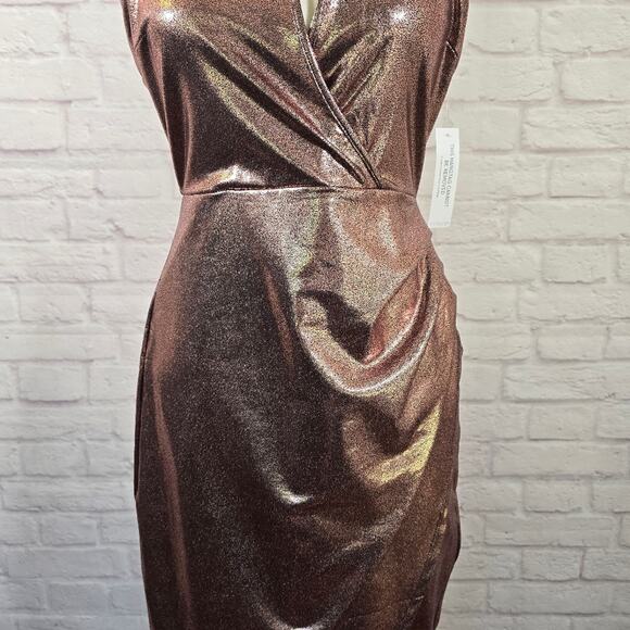 E Venus Pink Metallic Halter Midi Dress Women Size S Side Ruched Wrap Skirt Cute - Picture 3 of 12